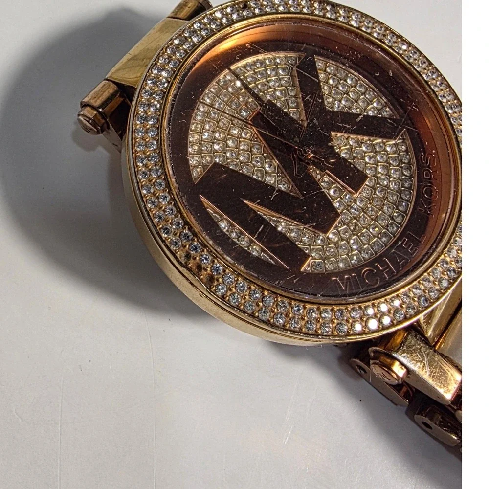 Michael Kors MK-6176 Parker Rose Gold Tone Crystal Pave Logo Dial Watch Womens